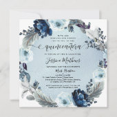 Elegant Lichtblauw Quinceañera, Bloemen Kaart (Voorkant)
