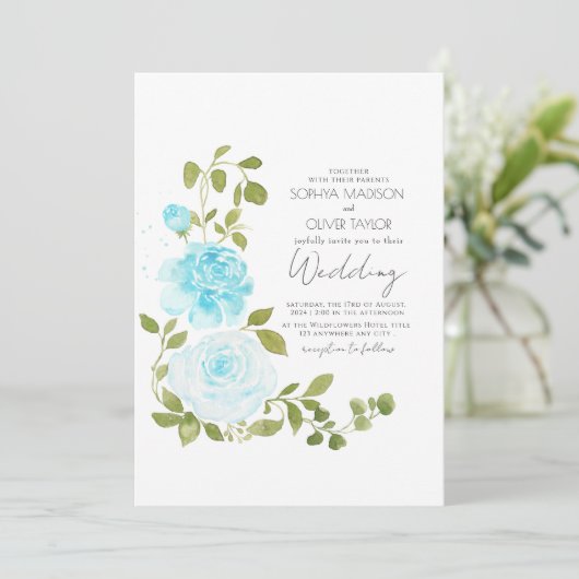 Elegant Lichtblauw Rozen Bloemen Botanisch Kaart (Staand voorkant)