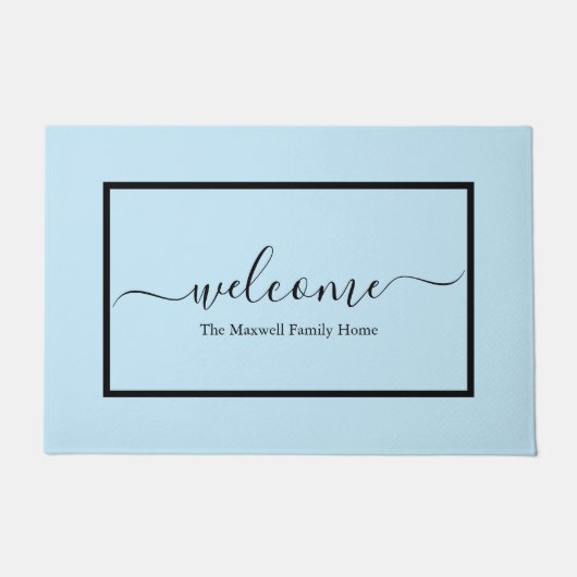 Elegant lichtblauw script familienaam welkom deurmat (Voorkant)