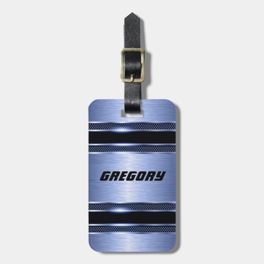 Elegant Lichtblauw Slick Faux Metallic Stripes Bagagelabel (Voorkant verticaal)