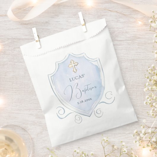 Elegant Lichtblauw Waterverf Crest doop Bedankzakje (Geknipt)