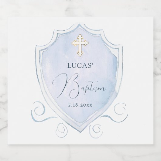 Elegant Lichtblauw Waterverf Crest doop Likeurfles Etiket (Enkel label)