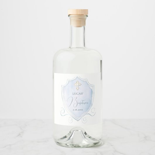 Elegant Lichtblauw Waterverf Crest doop Likeurfles Etiket (Voorkant)