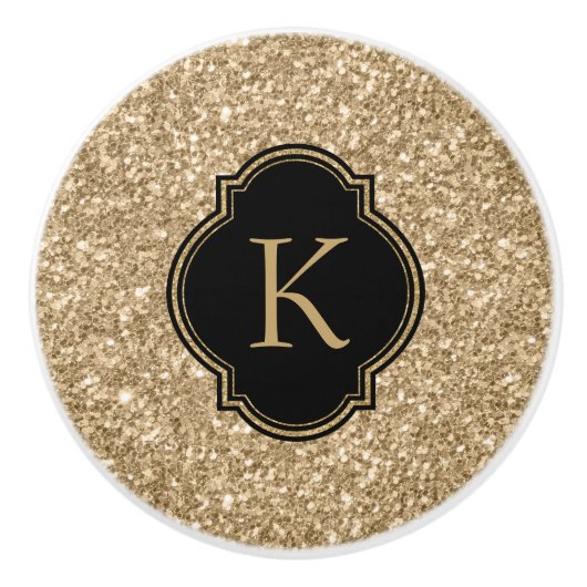 Elegant lichtgouden glitter print zwart monogram keramische knop (Voorkant)