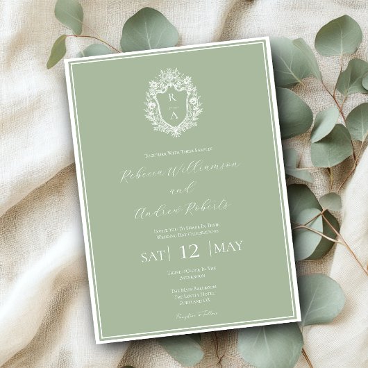 Elegant Lichtgroene Kuif Monogram Trouwdag Kaart