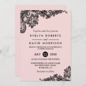 Elegant lichtroze met zwarte kant formele bruiloft kaart (Voorkant / Achterkant)