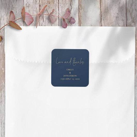Elegant Liefde Bedankt Script Navy Gold Wedding Vierkante Sticker