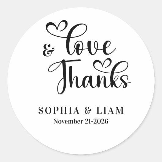 Elegant Liefde en Dankbaarheid Script Bruiloft Ronde Sticker (Voorkant)