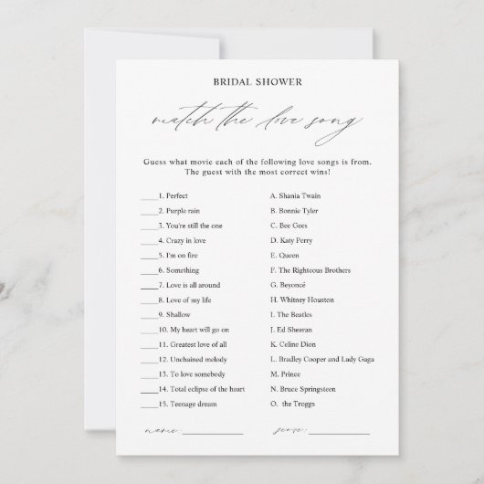 Elegant Liefde Song Match Vrijgezellenfeest Game K Kaart (Voorkant)