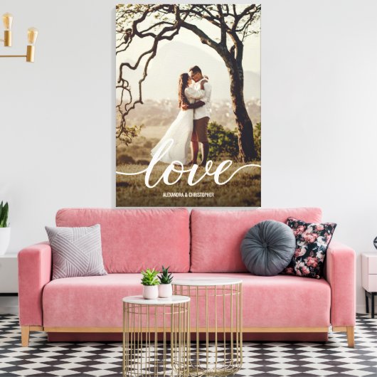 Elegant Liefdesscript Bruiloft Pas getrouwd Foto Canvas Afdruk (Insitu (Woonkamer))