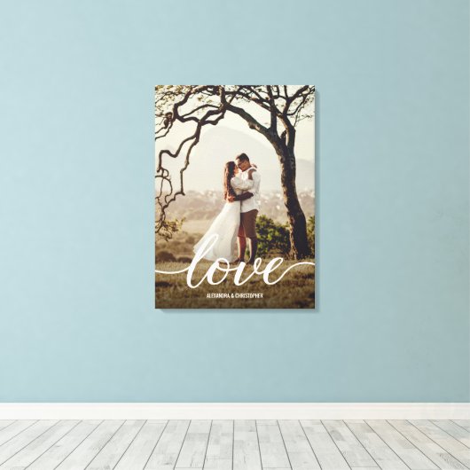 Elegant Liefdesscript Bruiloft Pas getrouwd Foto Canvas Afdruk (Insitu (Houten vloer))