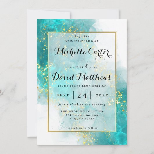 Elegant Light Blue and Gold Weduwen Uitnodiging (Voorkant)