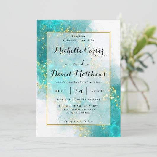 Elegant Light Blue and Gold Weduwen Uitnodiging (Staand voorkant)