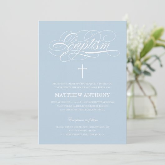 Elegant Light Blue Calligraphy Baptisme Kaart (Staand voorkant)