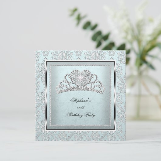 Elegant Light Blue Damask Silver Tiara Birthday Kaart (Staand voorkant)