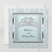 Elegant Light Blue Damask Silver Tiara Birthday Kaart (Voorkant)