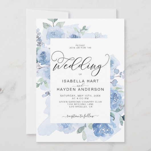 Elegant Light Blue Dusty Floral Botanical Wedding Kaart (Voorkant)