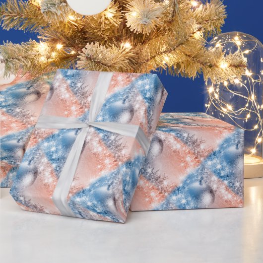 Elegant Light Blue en Coral-kerstbal Cadeaupapier (Feestdagen)