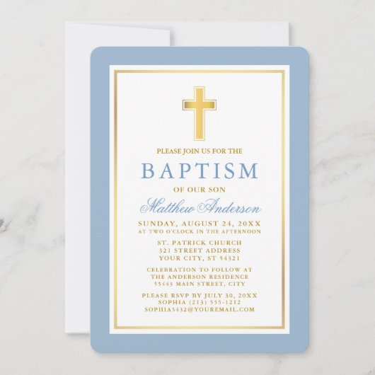Elegant Light Blue en Gold Baptisme Kaart (Voorkant)