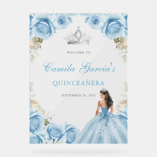 Elegant Light Blue Floral Quinceañera Welcome Acryl Bord (Voorkant)