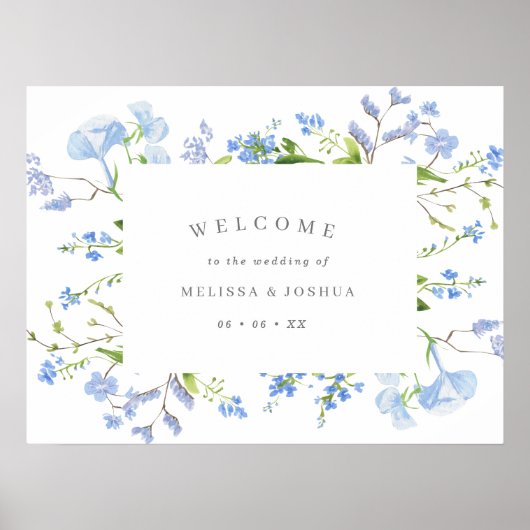 Elegant Light Blue Floral Wedding Welcome Poster (Voorkant)