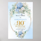 Elegant Light Blue Hydrangeas 90 Birthday Welcome Poster (Voorkant)