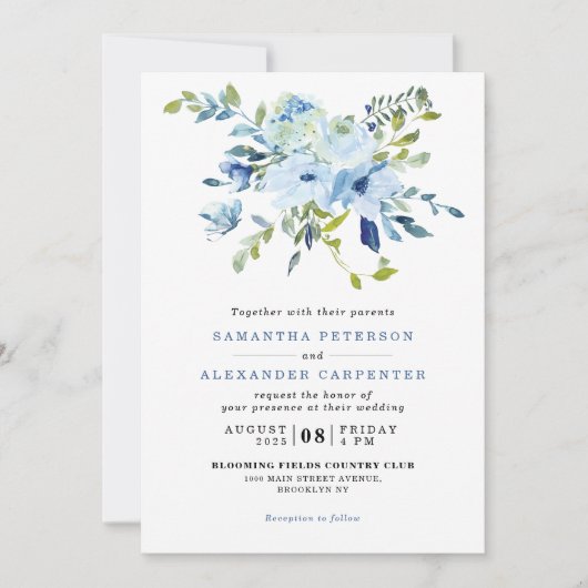 Elegant Light Blue Navy Floral Botanical Wedding Kaart (Voorkant)
