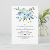 Elegant Light Blue Navy Floral Botanical Wedding Kaart (Staand voorkant)