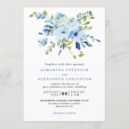 Elegant Light Blue Navy Floral Botanical Wedding Kaart