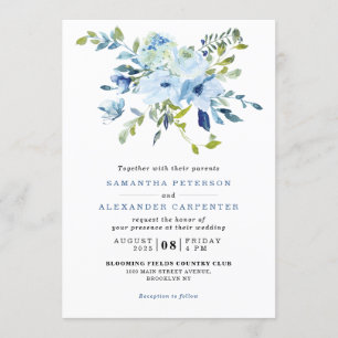 Elegant Light Blue Navy Floral Botanical Wedding Kaart