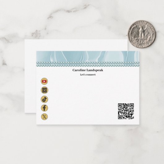 Elegant Light Blue Silk, Social Media & QR Code Notitiekaartje (Voorkant / Achterkant in situ)