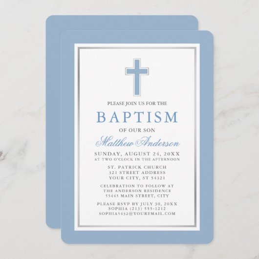 Elegant Light Blue Silver Baptisme Kaart (Voorkant / Achterkant)