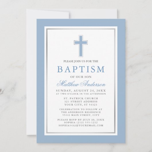 Elegant Light Blue Silver Baptisme Striped Kaart (Voorkant)