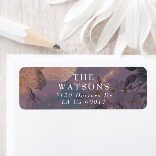 Elegant Light Boho Floral Paars Roos Gold Wedding Etiket (Insitu)