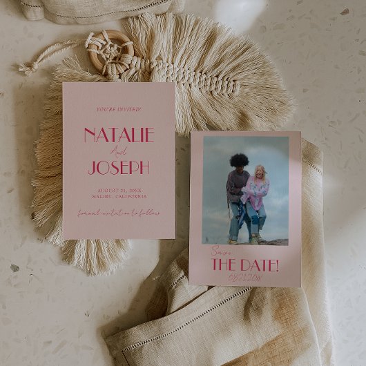 Elegant Light Deep Pink Minimalist Photo Wedding Save The Date