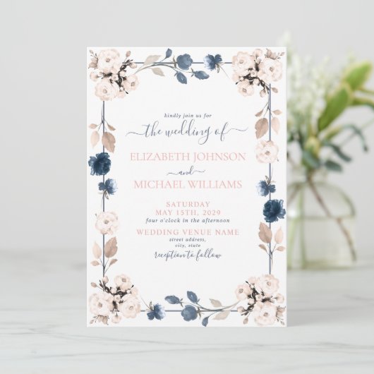 Elegant Light Dusty Blue Blush Pink Floral Wedding Kaart (Staand voorkant)