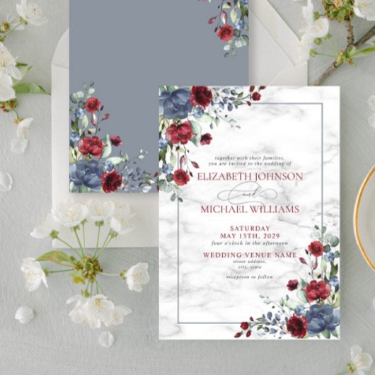 Elegant Light Dusty Blue Burgundy Floral Wedding Kaart