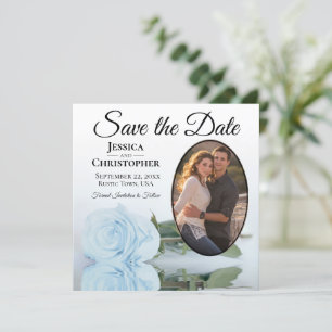 Elegant Light Dusty Blue Roos & Oval Photo Weddens Save The Date