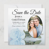 Elegant Light Dusty Blue Roos & Oval Photo Weddens Save The Date (Voorkant)