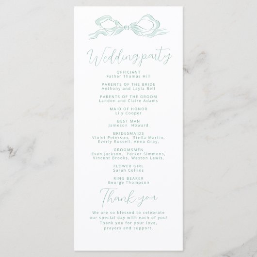 Elegant Light Green Hand Drawn Bow Wedding Program Menu (Achterkant)