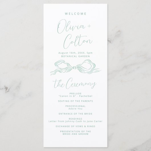 Elegant Light Green Hand Drawn Bow Wedding Program Menu (Voorkant)