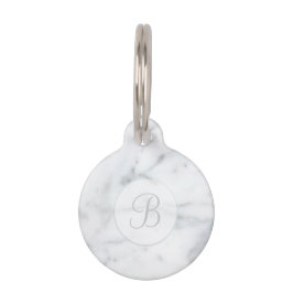Elegant Light Marble Let Monogram & Pet's Info Huisdierpenning