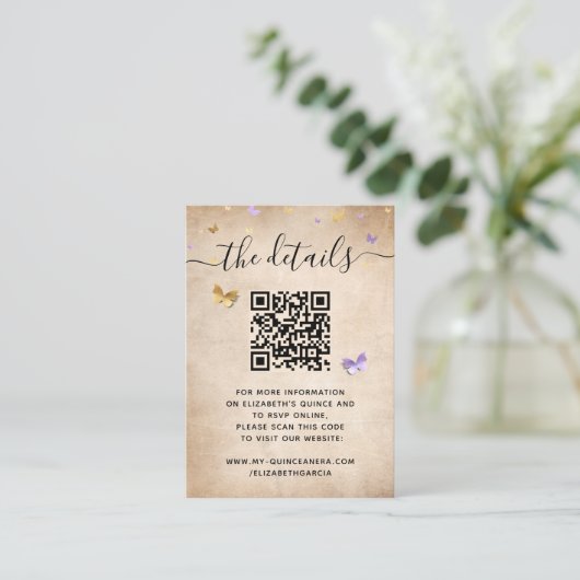 Elegant Light Paars Gold Butterfly RSVP QR Code Informatiekaartje (Staand voorkant)