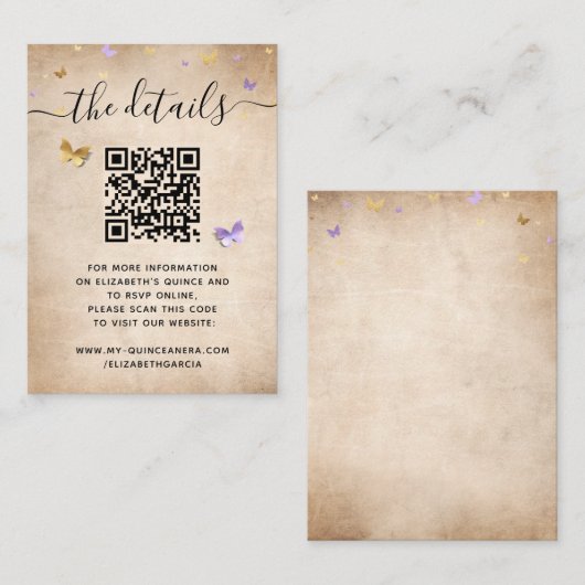Elegant Light Paars Gold Butterfly RSVP QR Code Informatiekaartje (Voorkant / Achterkant)