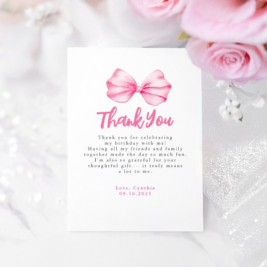 Elegant Light Pink Bow Birthday Thank You Bedankkaart