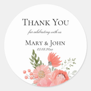 Elegant Light Pink Waterverf Floral Wedding Favor Ronde Sticker