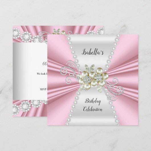 Elegant Light Pink White Diamond Birthday Kaart (Voorkant / Achterkant)