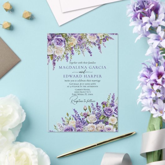 Elegant Light Purple Lavender Roses Floral Wedding Acryl Uitnodigingen (Insitu (Huwelijk))