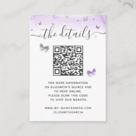 Elegant Light Purple Silver Butterfly RSVP QR Code Informatiekaartje