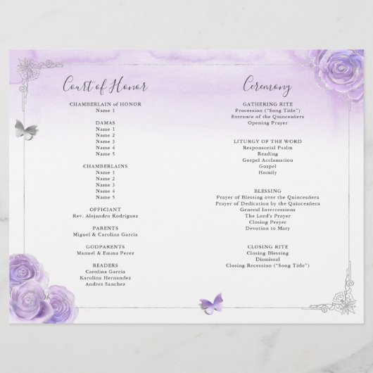 Elegant Light Purple Silver Quinceanera Program (Achterkant)